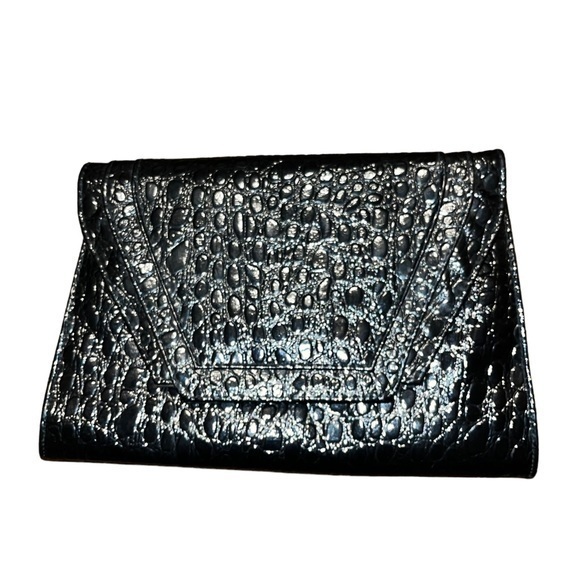 Vintage 70's Clutch Bag CrocEmbossed Leather Black